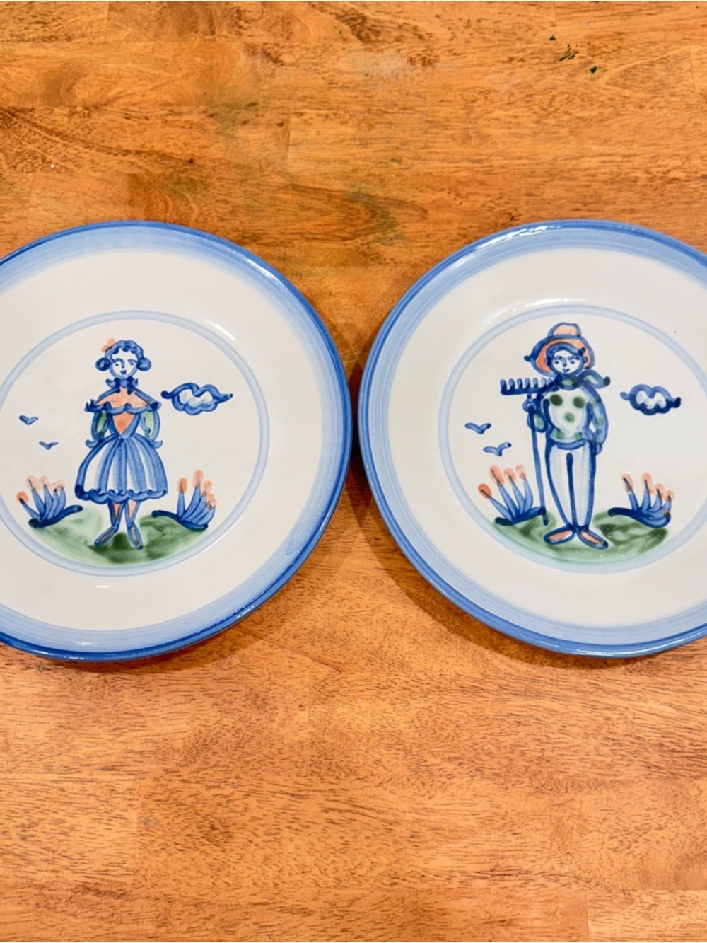 Vintage M.A. Hadley Dinner Plates 9.25” Ceramic Blue Folk Art Dinner Set of 2